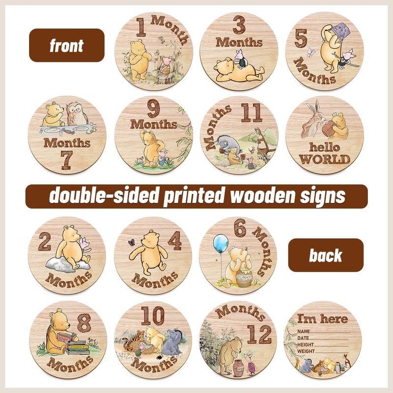 Hatzelou 7Pcs Baby Monthly Milestone Circles, Winnie Baby Stuff, Double-Sided Printing Months Baby Milestone Wooden Keepsake, Milestone Wooden Circles Stuff for for Documenting Growth - Image 3